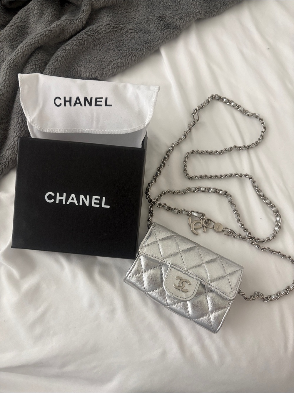 Silver Quilted Mini Wallet-On-Chain with Chain Strap